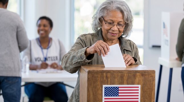 Senior woman casting her ballot during an election inside a polling station