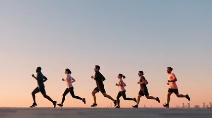Obraz premium Diverse group of six young adults jogging together along a paved waterfront path at sunset, silhouetted against pastel sky with distant city skyline visible in the background