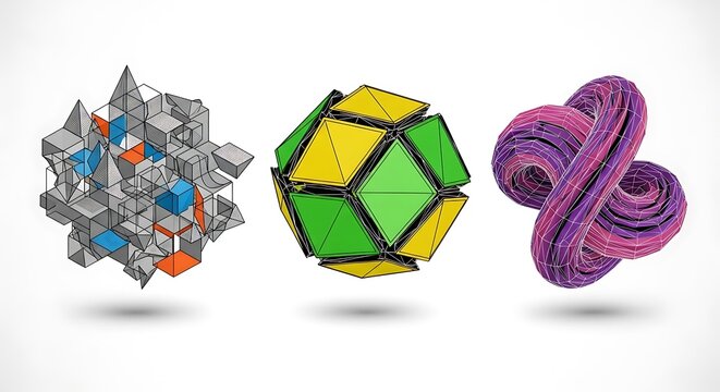 Abstract geometric 3D shapes with wireframe and low poly designs