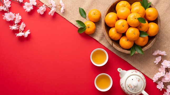 Vibrant Chinese New Year setup with oranges and tea on red background