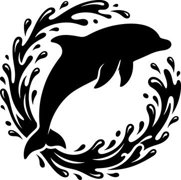 Dolphin silhouette jumping through a circular water splash, black vector graphic icon on white background