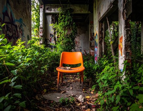 Orange Chair in an Abandoned, Overgrown Building