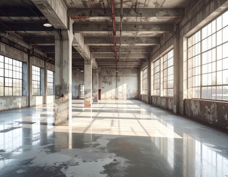 Empty industrial warehouse loft with sunbeams streaming through windows