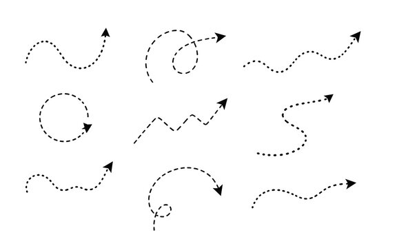 Set of hand drawn dotted and dashed curved arrows vector illustration