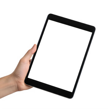 Hand holding a blank black tablet with rounded corners