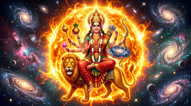 Goddess Kushmanda seated on a lion with cosmic sun background for Navratri