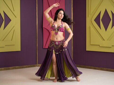 Adult Egyptian woman in professional cerise Egyptian bedlah bra and aubergine chiffon skirt with chartreuse armlets after lateral belly dance hip accent, studio portrait