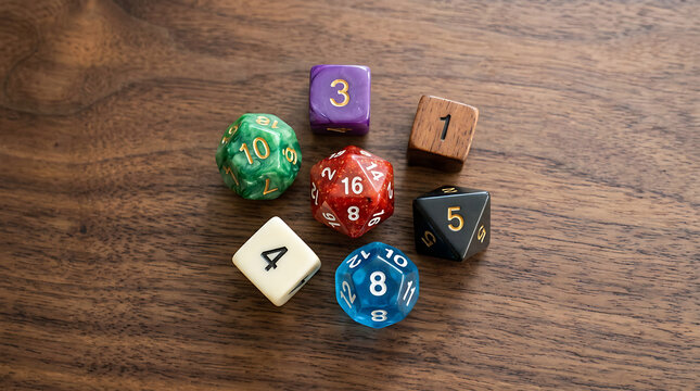 Assorted polyhedral roleplaying game dice arranged on a rustic wooden table