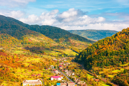 Carpathian mountain landscape on a sunny afternoon. outdoor adventure with stunning view in evening light. outskirts of Volosianka village, Ukraine