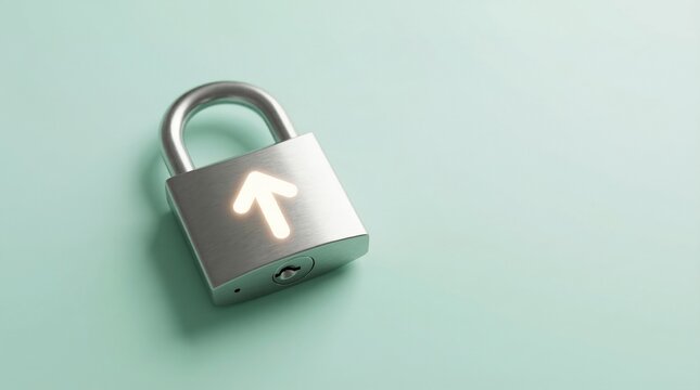 Silver padlock with a glowing upward arrow symbol isolated on a light green background, representing growth, security, and success