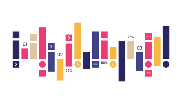 Modern infographic template with colorful bar charts, percentage indicators, and numbered steps