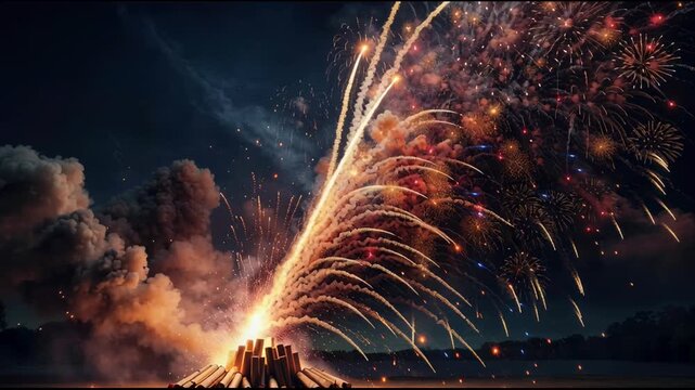 Bonfire fire and fireworks in British England on holiday celebration Guy Fawkes Night AI Generative