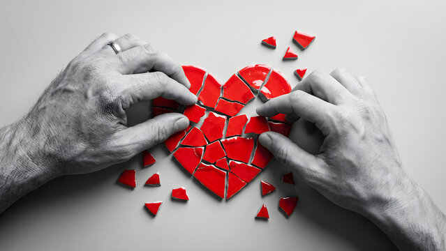 Hands attempting to heal and rebuild a broken shattered red heart
