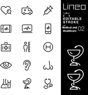 Medical and healthcare outline icon set for digital interfaces with medical equi