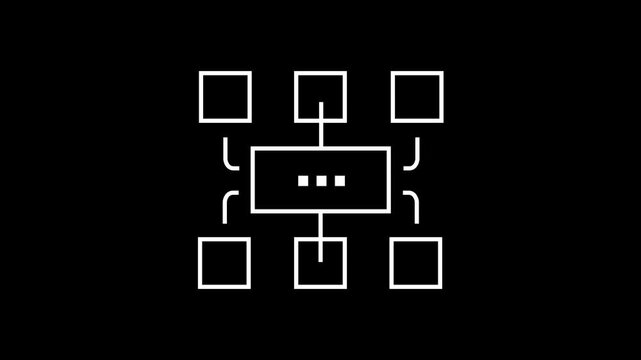 Central Network Hub and System Flowchart. network architecture, central database hub, flowchart diagrams, system integration, and data processing nodes. 2D animation. 4K resolution and alpha channel