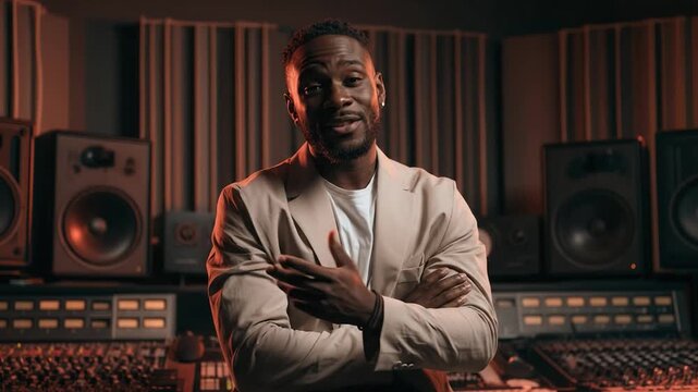 Music Producer in Studio: A confident music producer stands in a professional recording studio, surrounded by audio equipment and soundproofing, ready to create.