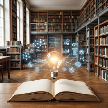 Illuminated lightbulb hovering over an open book in a library, surrounded by scientific and data visualizations.