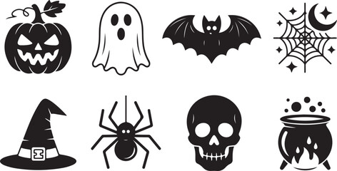 Fototapeta premium Halloween icons featuring jack o lantern ghost bat and skull silhouettes on white