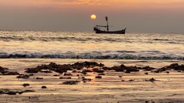 Fishing Boat Silhouette at Sunset off Saint Martin&rsquo;s Island, Bangladesh