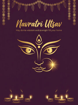 Navratri utsav celebration with goddess durga face and diya lights background illustration