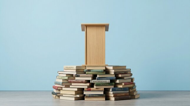 Wooden podium standing on a stack of books representing foundation of knowledge education lecture and speech concept