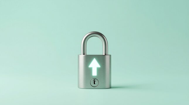 3D Render of a Silver Padlock with a Glowing Upward Arrow Representing Unlocking Business Growth and Success