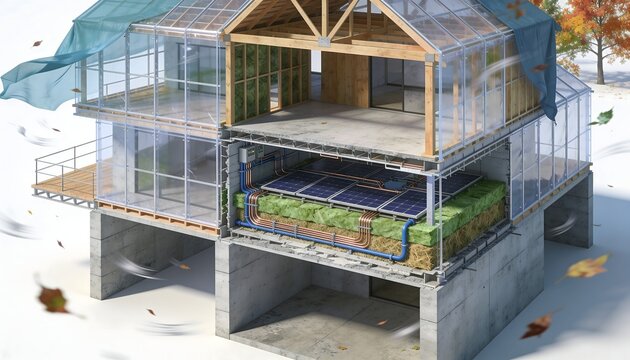 Architectural cross section of modern eco friendly house featuring sustainable insulation and solar energy systems