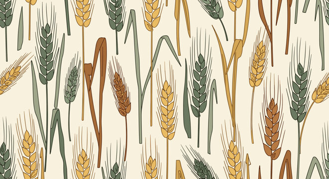 Seamless pattern with hand drawn ears of wheat, rye, and barley on light background, perfect for agricultural designs.