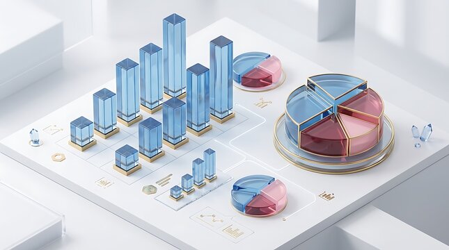 Abstract 3d visualization of business data with bar charts and pie graphs on a white background