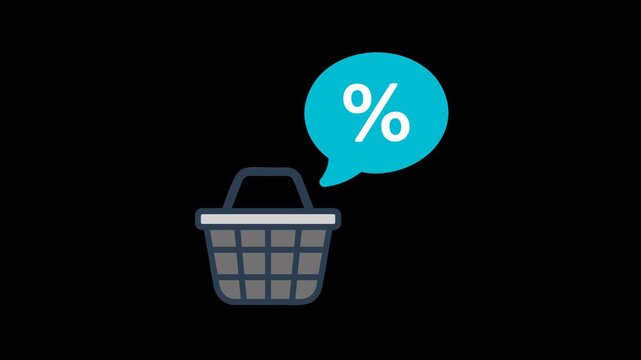 Minimalist graphic icon of a shopping basket with a percentage symbol speech bubble for discounts
