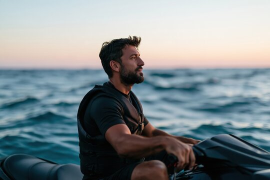Man sitting on personal watercraft at sea during dusk