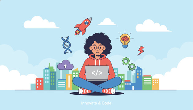 Young woman programmer sitting with laptop coding software surrounded by technology and innovation icons.