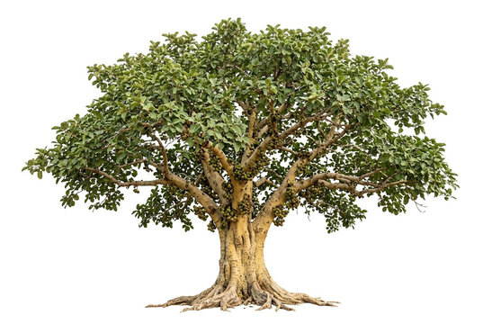  Ultra-realistic mature Sycamore Fig (Ficus sycomorus), broad spreading tree with thick pale trunk, rugged bark, wide rounded crown of dense green leaves