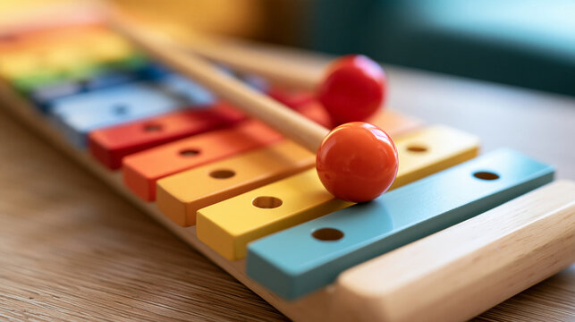 Colorful wooden toy xylophone for kids featuring bright mallets, musical early learning toy, with copy space