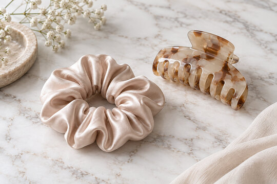 Silk Scrunchie and Claw Clip on Marble