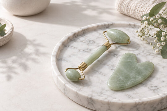 Jade Facial Roller and Gua Sha in Soft Light