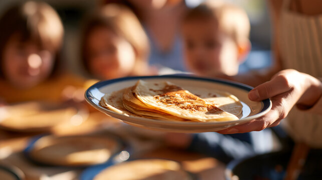 Faceless mother holding a plate while children wait eagerly to eat crepes together, warm family breakfast anticipation, with copy space