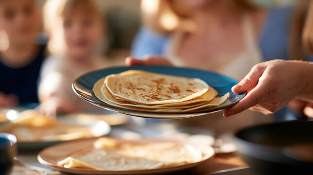 Faceless mother holding a plate while children wait eagerly to eat crepes together, warm family breakfast anticipation, with copy space