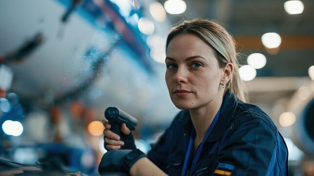 Female aircraft systems technician scanning passenger jet fuselage with handheld device
