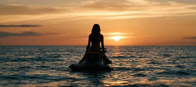 Woman on personal watercraft heading into deeper water at sunset