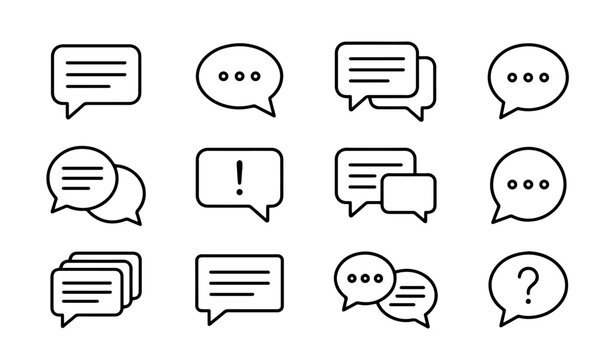 Speech bubble, chat message, and comment line art icons vector set.