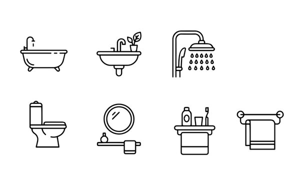 Bathroom equipment, shower, bathtub, and sink line icons set vector.