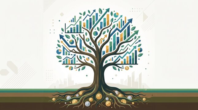 Business Growth Tree with Financial Charts and Money Roots