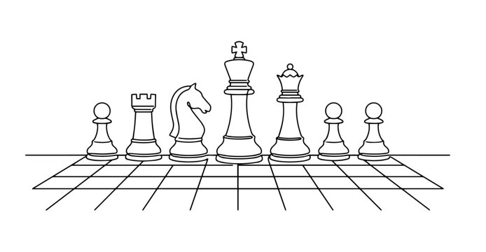 Chess pieces on board game line art vector set.