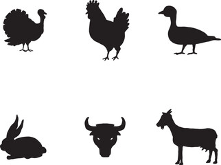 Fototapeta premium Set of farm animal silhouettes including turkey, chicken, duck, rabbit, bull head, and goat