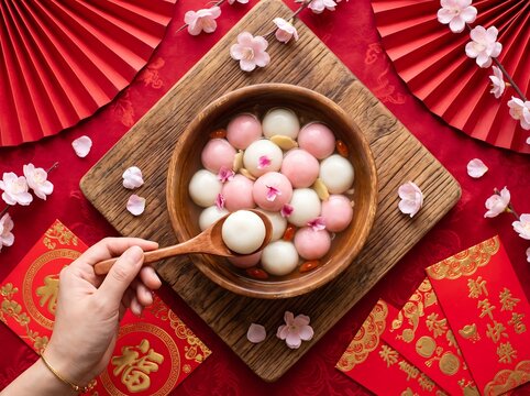 Traditional Chinese dessert for Lunar New Year celebration with red envelopes