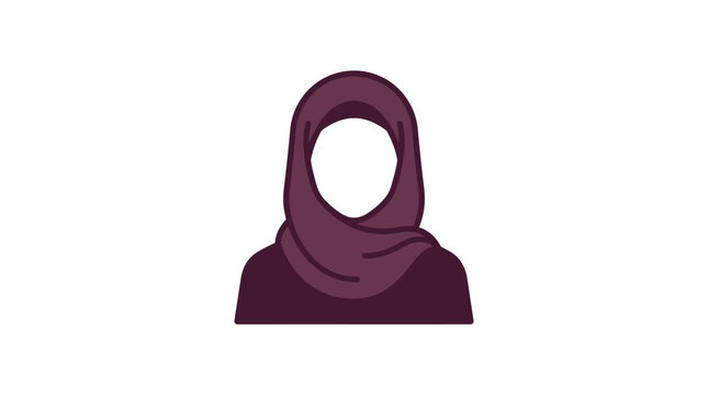 Woman in purple hijab shown in a front facing vector portrait representing modest fashion and cultural diversity.