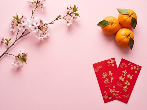 Chinese New Year decorations with red envelopes and oranges on pink background