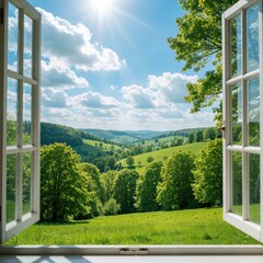 Obraz premium View through open white window frame to green hills, forest. Summer landscape with bright sun, blue sky, fluffy clouds. Rich trees, grass meadow under sunny weather. Peaceful nature scene from house