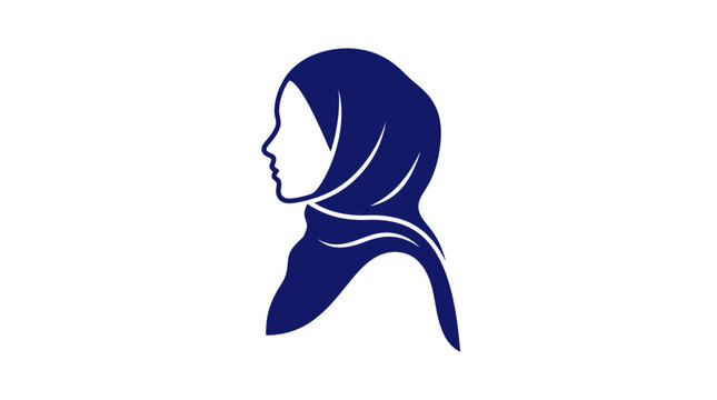 Muslim woman profile silhouette wearing a traditional dark blue hijab vector icon isolated on a white background.